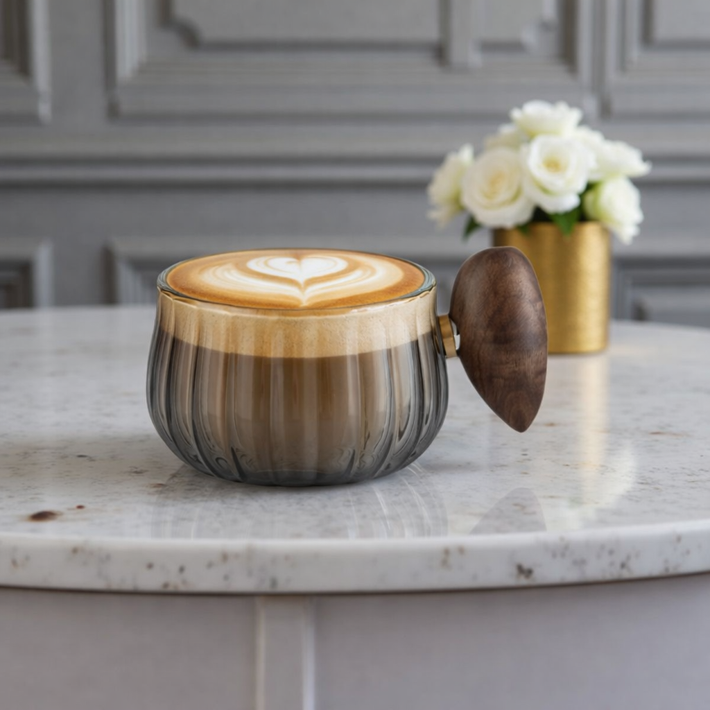 KASSI Glaskopp 210 ml – Ljusgrå & Transparent med Trähandtag