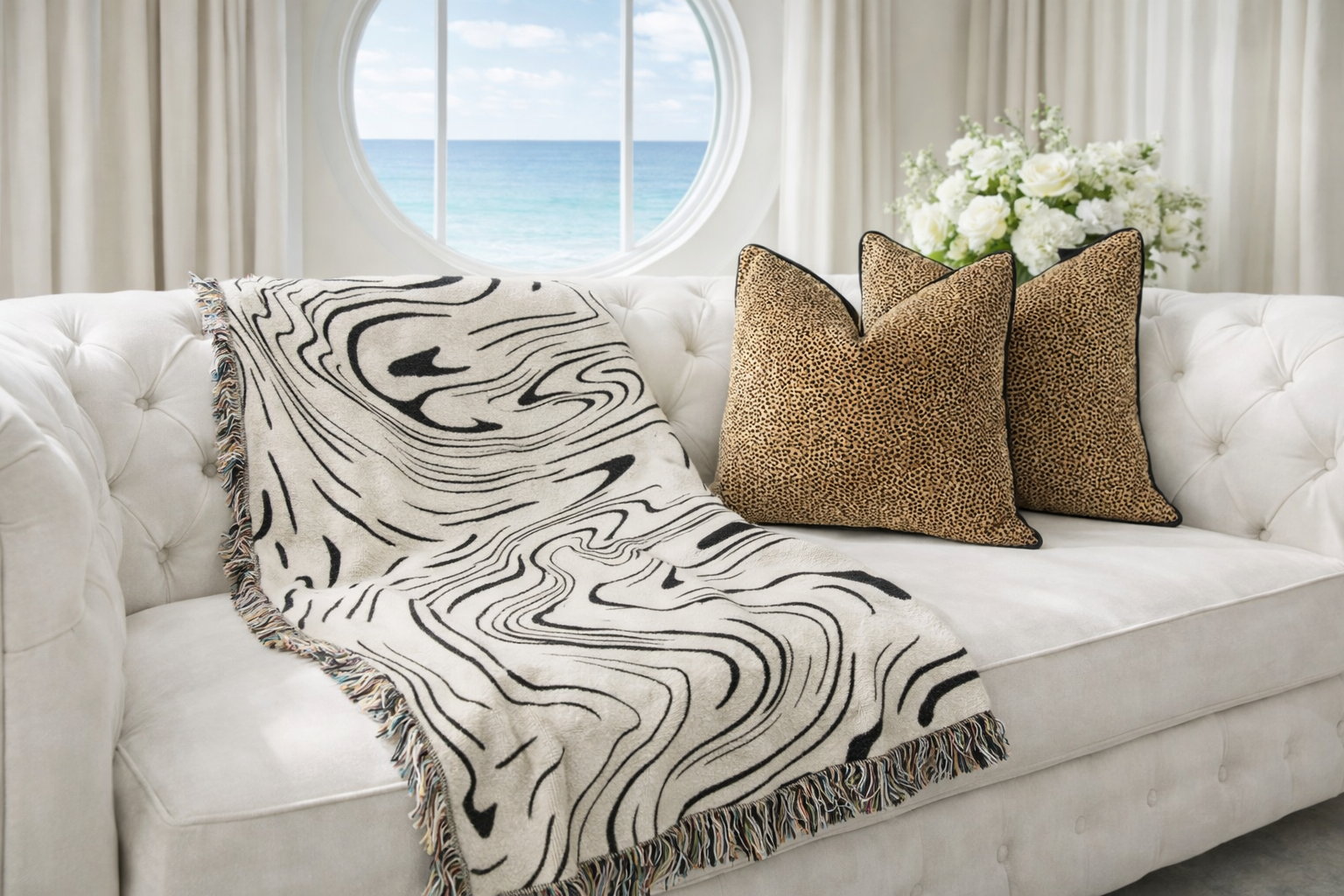 VENTO - Svartvit Pläd med Vågigt Mönster – Dekorativ Soffpläd & Filt för Hemmet