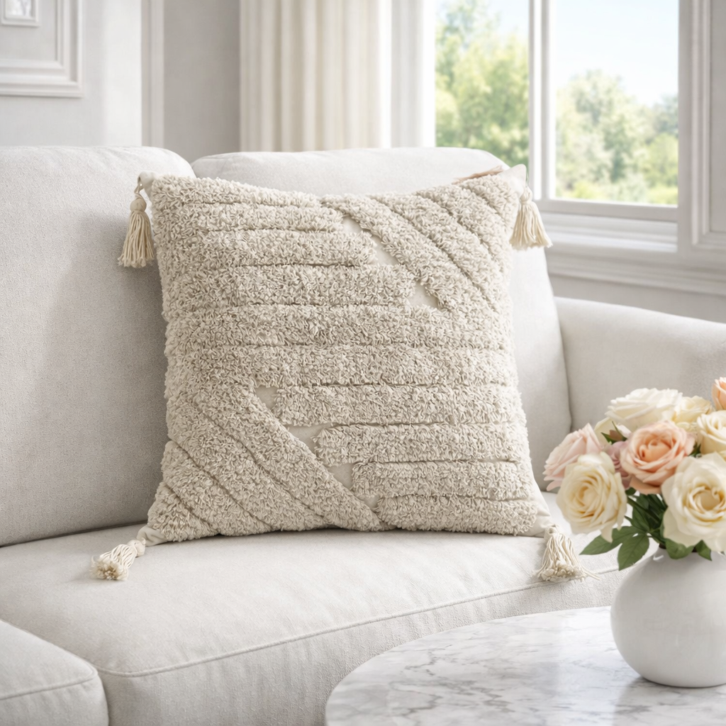 ETERNELLE - Bohemiska kuddfodral i bomull med tofsar – 30x50 & 45x45 cm