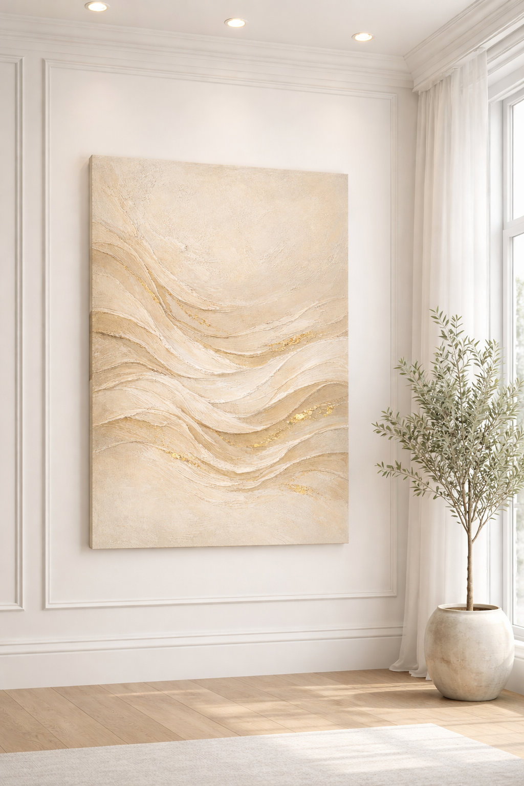 CELISTEA SANDSTORM KOLLEKTION -Beige Abstrakt Canvas Tavla med Guldtextur – Premium Väggkonst