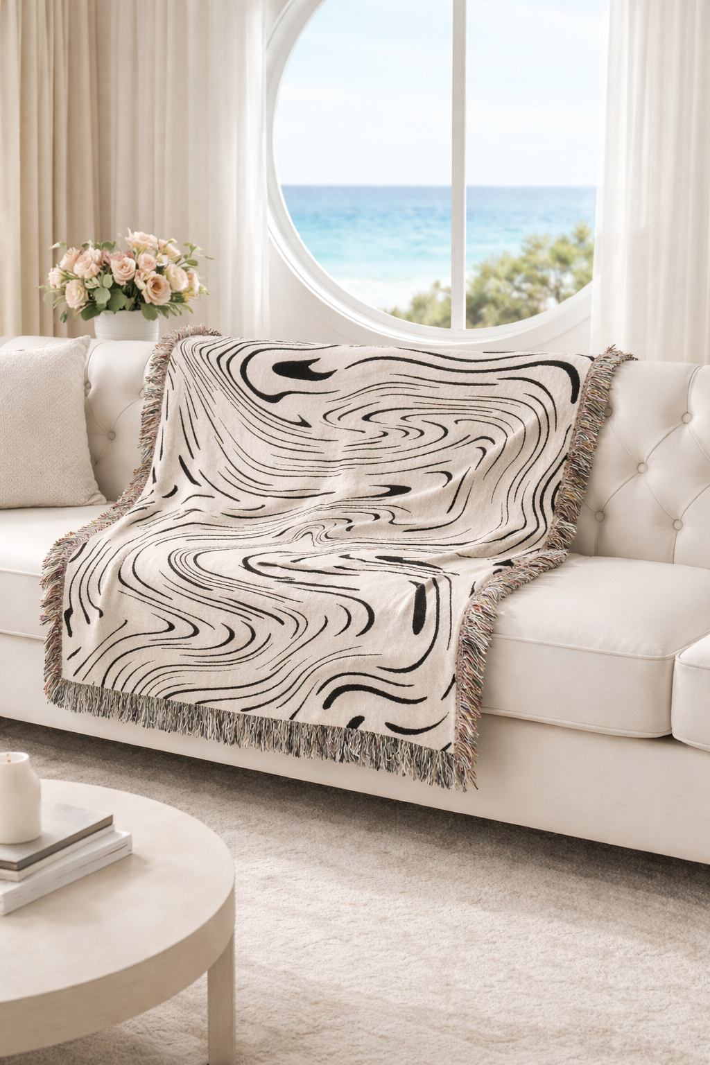 VENTO - Svartvit Pläd med Vågigt Mönster – Dekorativ Soffpläd & Filt för Hemmet