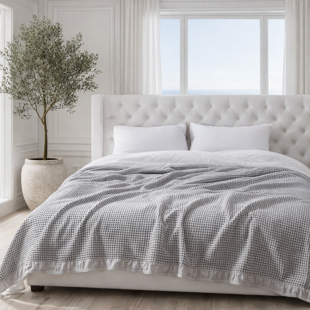 LUNA LIVING COLLECTION - Stickad bomullspläd med våffelstruktur och volang – mjuk dekorativ filt i 100% bomull