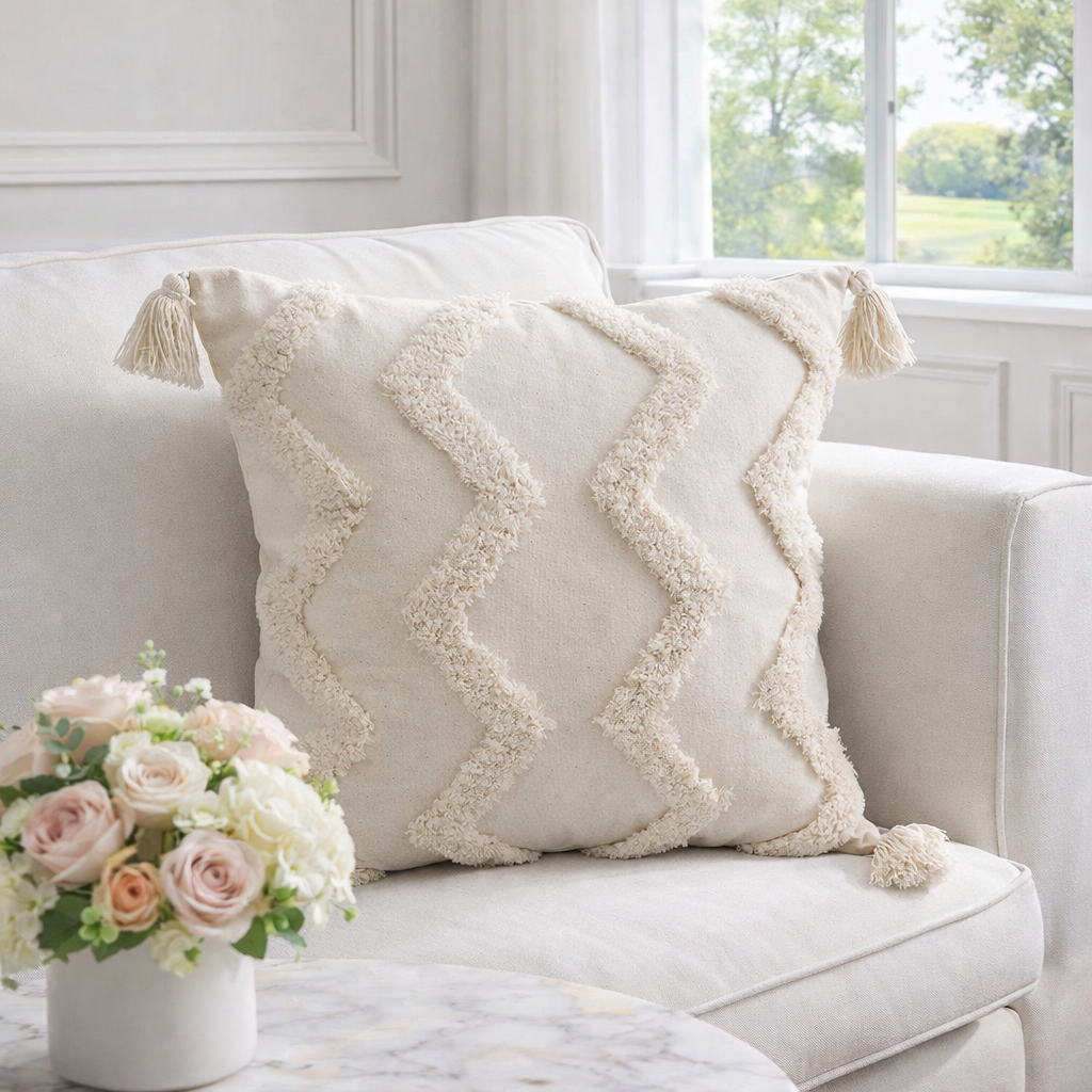 ETERNELLE - Bohemiska kuddfodral i bomull med tofsar – 30x50 & 45x45 cm