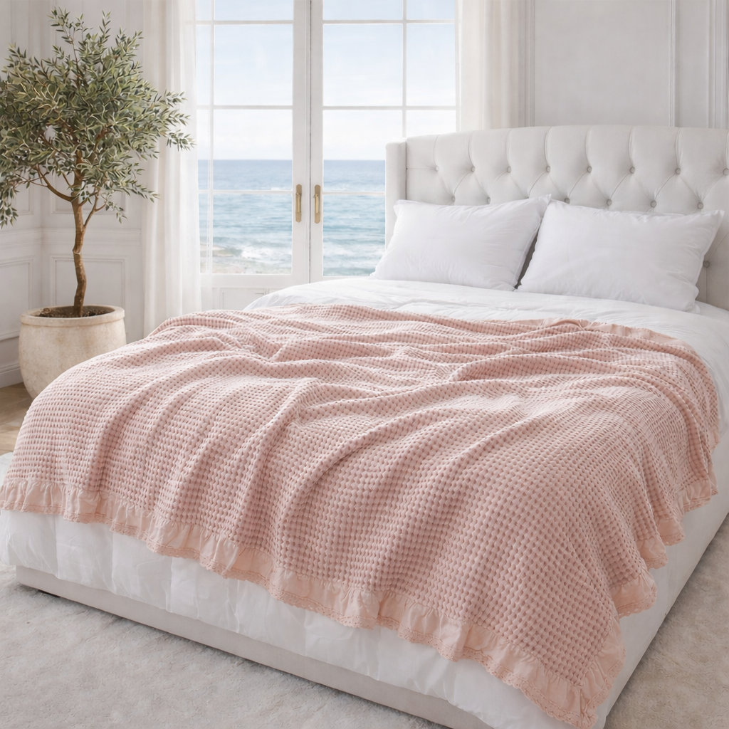 LUNA LIVING COLLECTION - Stickad bomullspläd med våffelstruktur och volang – mjuk dekorativ filt i 100% bomull