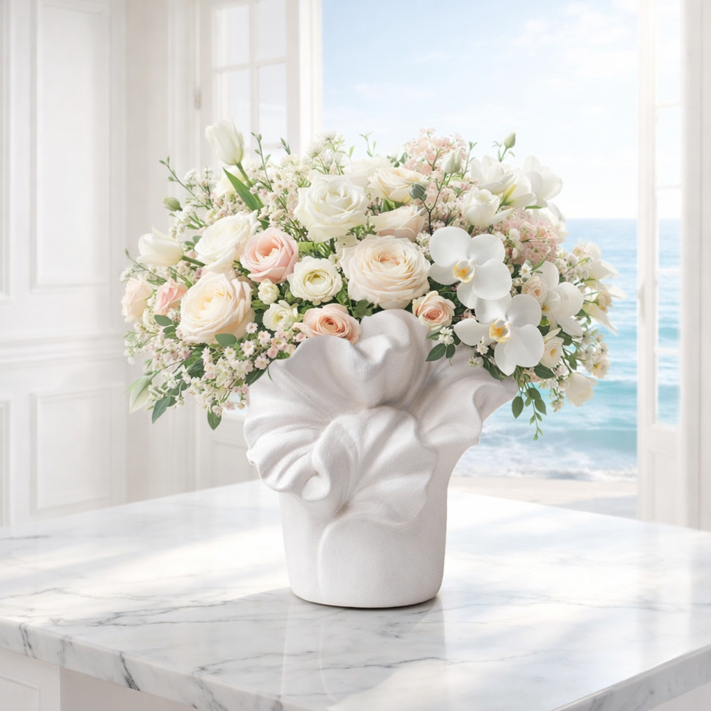 ESTELLE - Handgjord Keramikvas med Vågmönster – Vit & Beige – 2 Storlekar