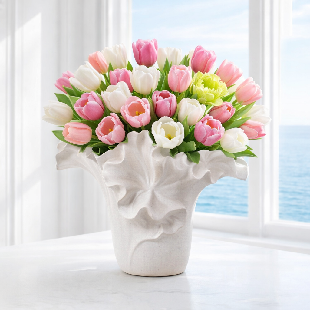 ESTELLE - Handgjord Keramikvas med Vågmönster – Vit & Beige – 2 Storlekar