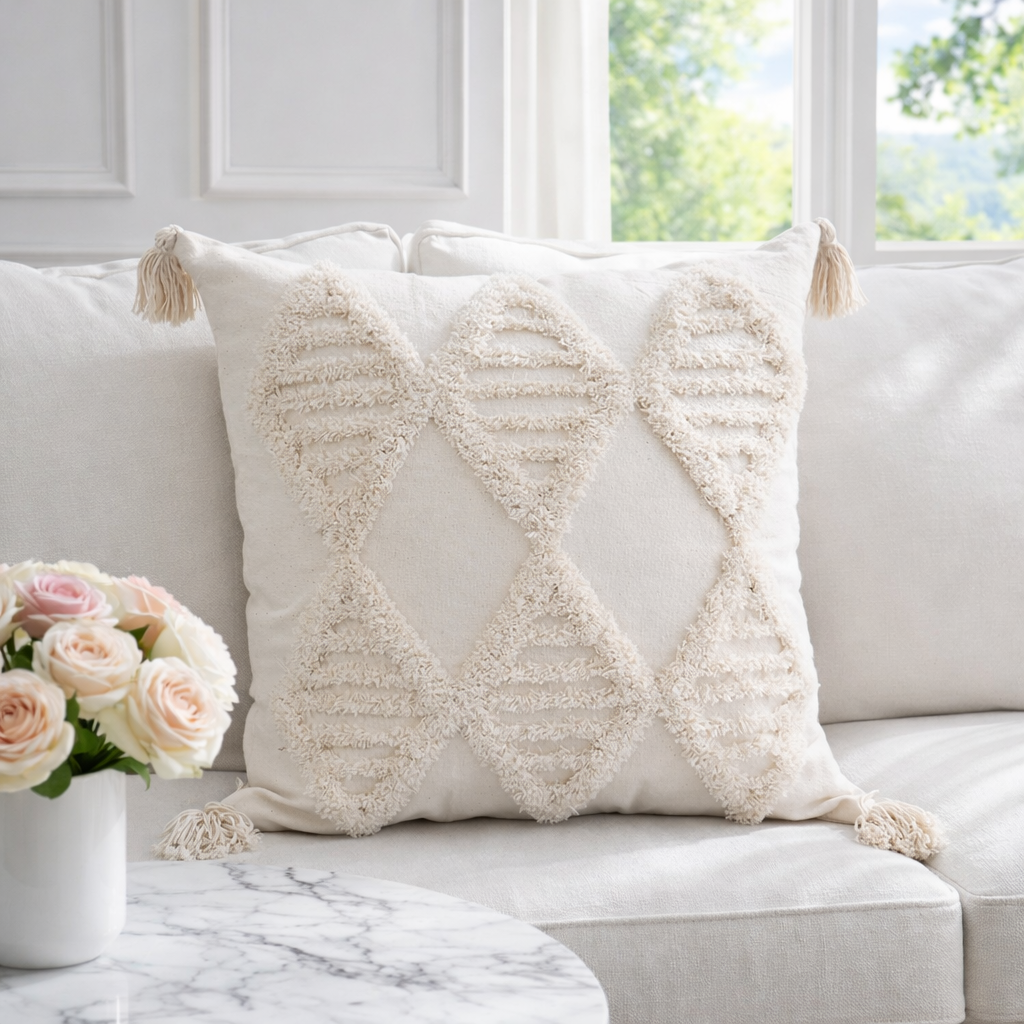 ETERNELLE - Bohemiska kuddfodral i bomull med tofsar – 30x50 & 45x45 cm