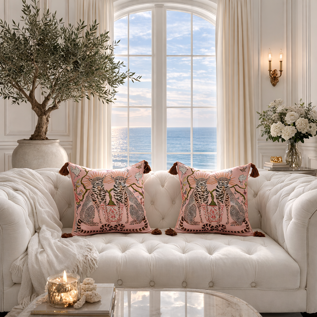 CELISTEA ZAHARA - Kuddfodral – Rosa Dekorativt Kuddfodral med Leopardmotiv och Tofsar