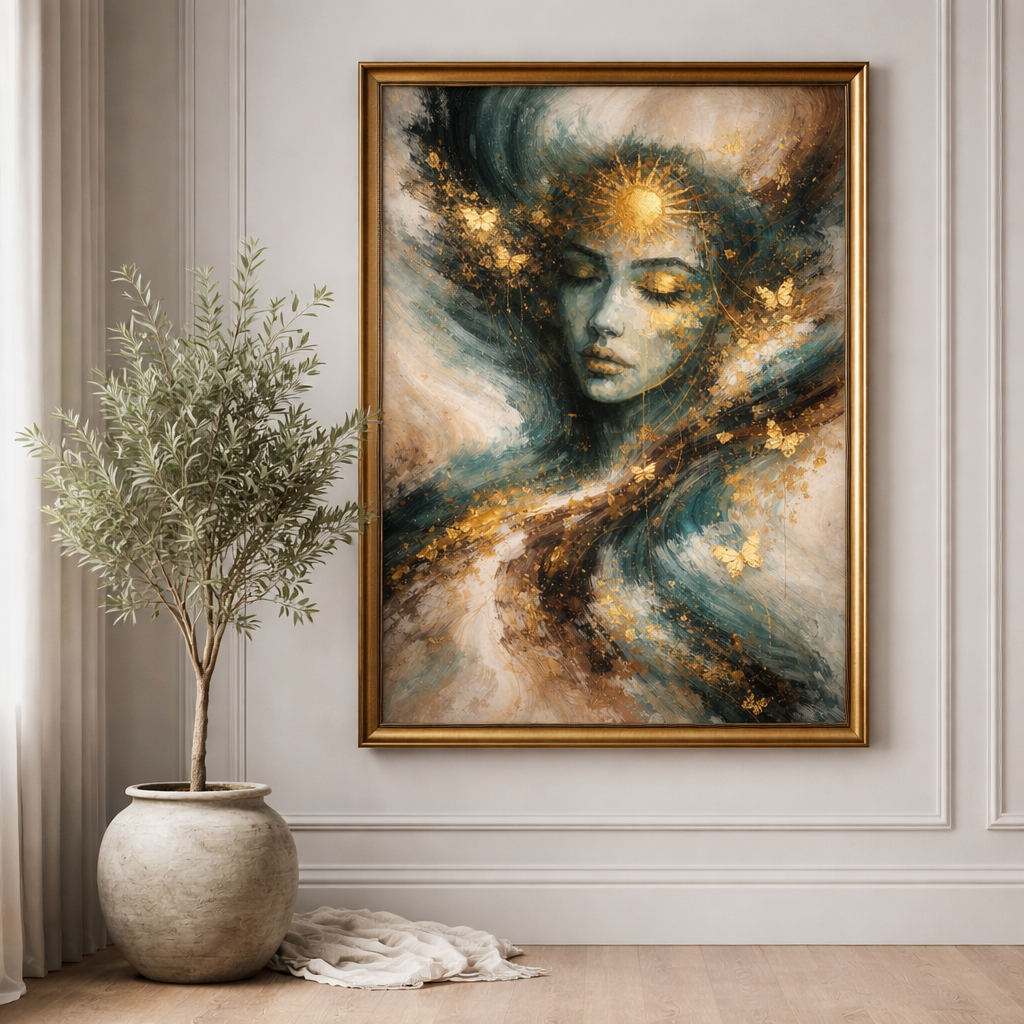 CELISTEA AURA OF GOLD - Abstrakt kvinnoansikte canvas – Premium tavla med gulddetaljer | Celistea Atelier