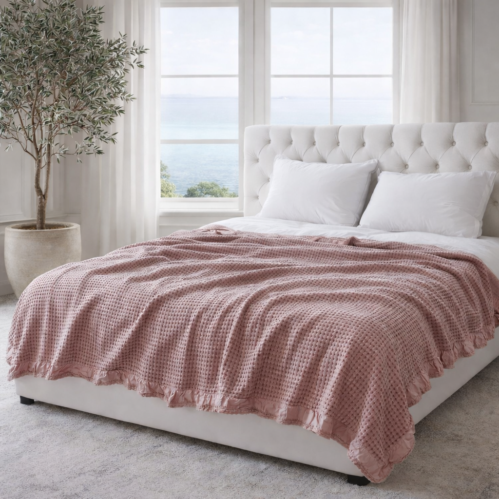 LUNA LIVING COLLECTION - Stickad bomullspläd med våffelstruktur och volang – mjuk dekorativ filt i 100% bomull