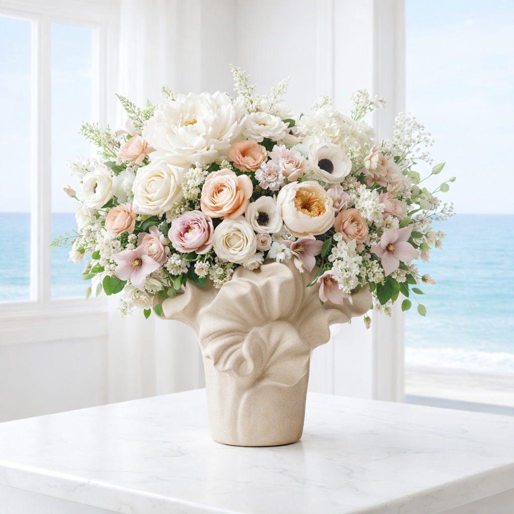 ESTELLE - Handgjord Keramikvas med Vågmönster – Vit & Beige – 2 Storlekar