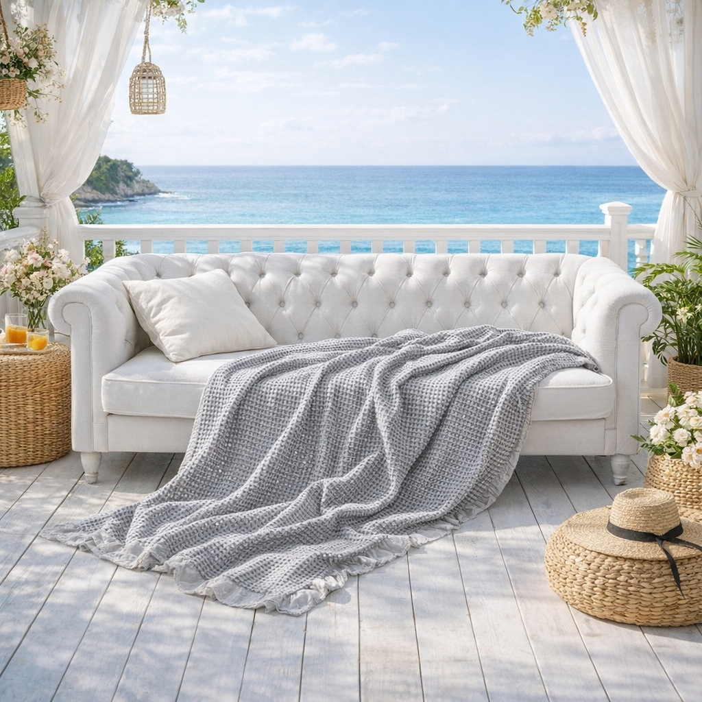 LUNA LIVING COLLECTION - Stickad bomullspläd med våffelstruktur och volang – mjuk dekorativ filt i 100% bomull