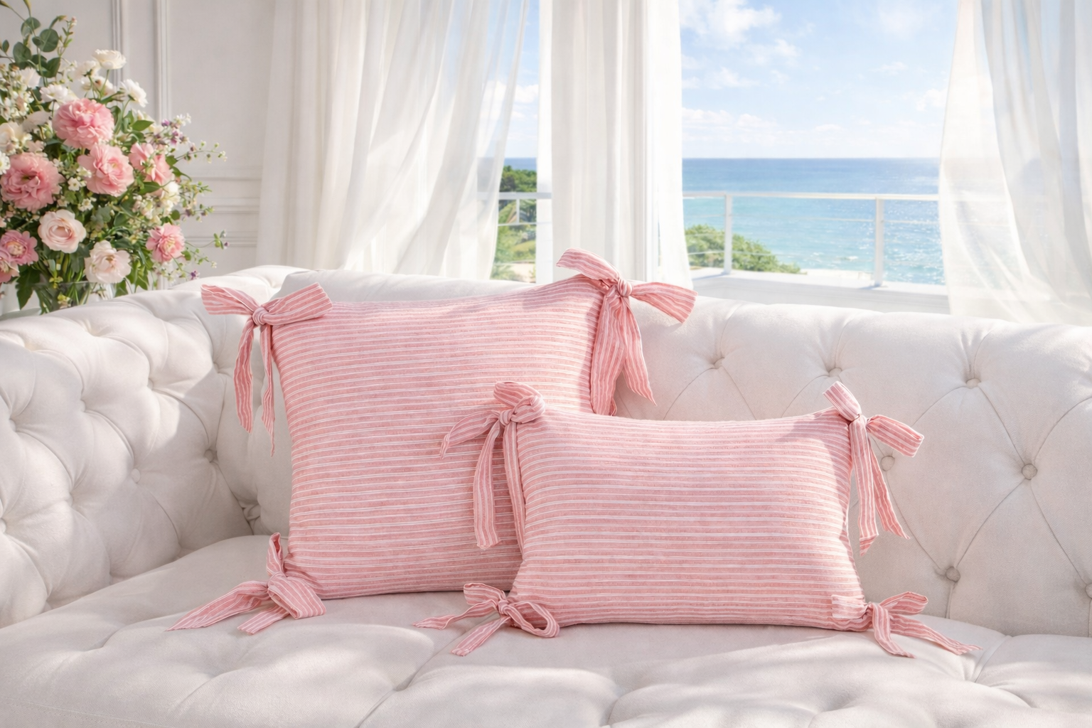 SOFT LIVING - Randigt kuddfodral med rosetter – 45x45 cm & 30x50 cm – Dekorativt soffkuddfodral i 10 färger