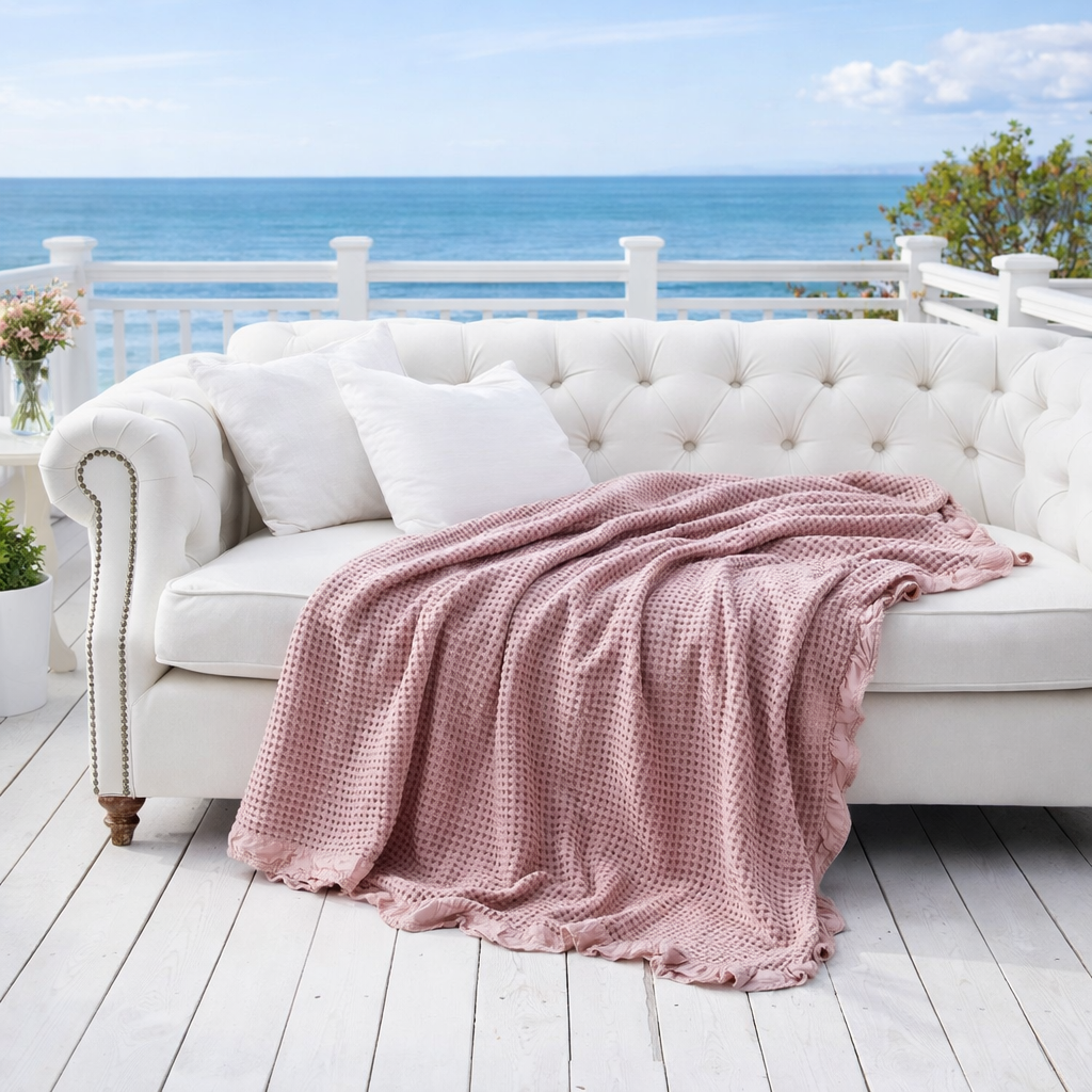 LUNA LIVING COLLECTION - Stickad bomullspläd med våffelstruktur och volang – mjuk dekorativ filt i 100% bomull