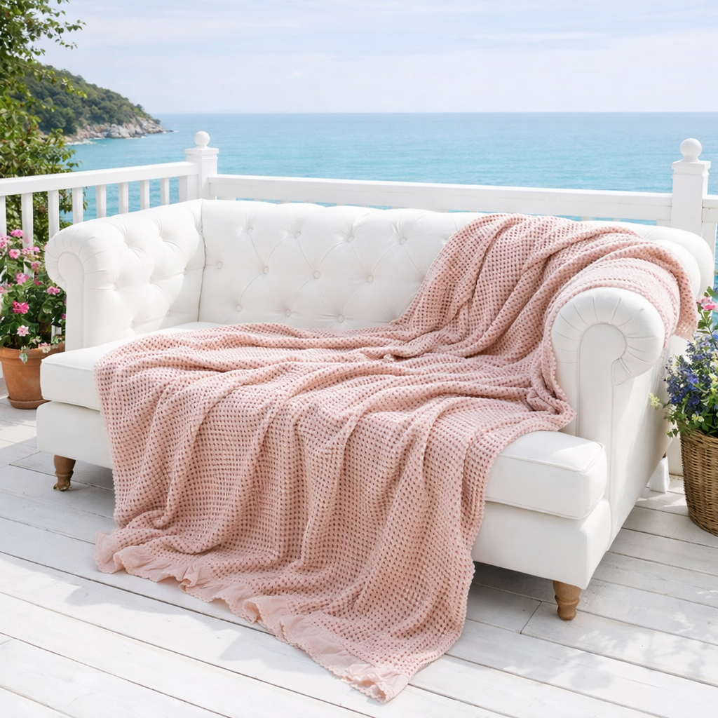 LUNA LIVING COLLECTION - Stickad bomullspläd med våffelstruktur och volang – mjuk dekorativ filt i 100% bomull
