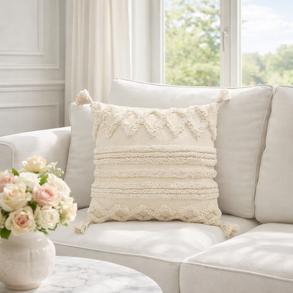 ETERNELLE - Bohemiska kuddfodral i bomull med tofsar – 30x50 & 45x45 cm