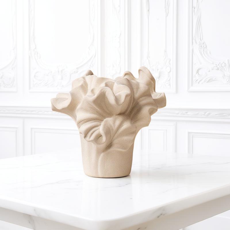 ESTELLE - Handgjord Keramikvas med Vågmönster – Vit & Beige – 2 Storlekar