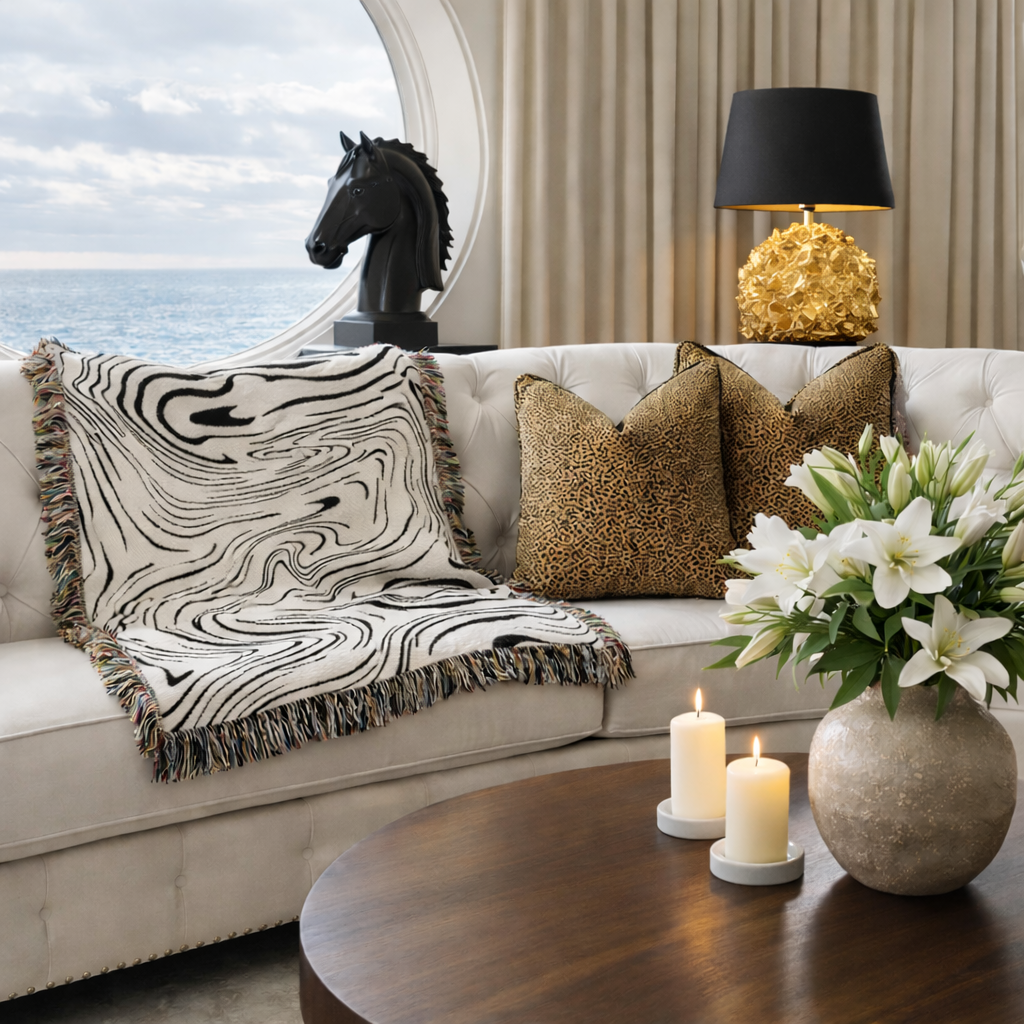 VENTO - Svartvit Pläd med Vågigt Mönster – Dekorativ Soffpläd & Filt för Hemmet