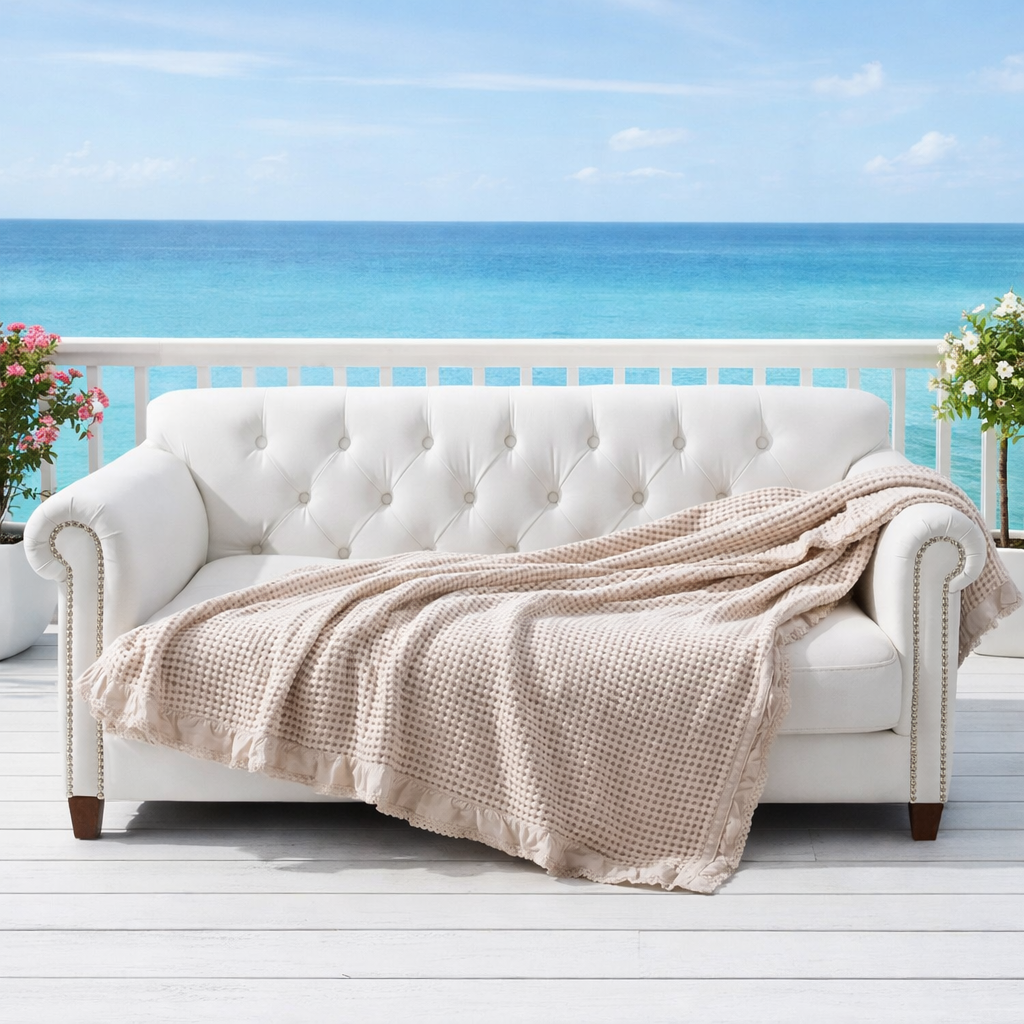 LUNA LIVING COLLECTION - Stickad bomullspläd med våffelstruktur och volang – mjuk dekorativ filt i 100% bomull