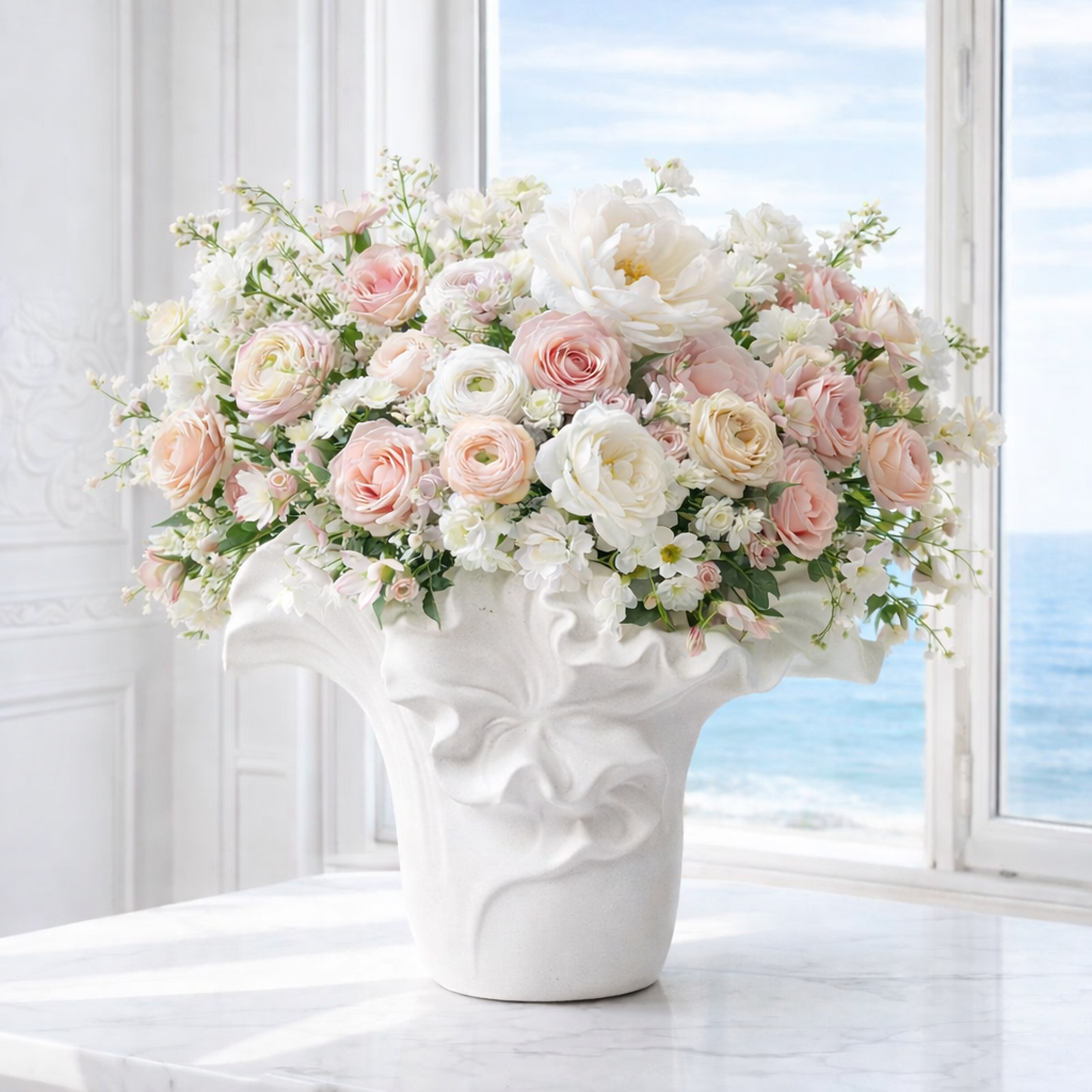 ESTELLE - Handgjord Keramikvas med Vågmönster – Vit & Beige – 2 Storlekar