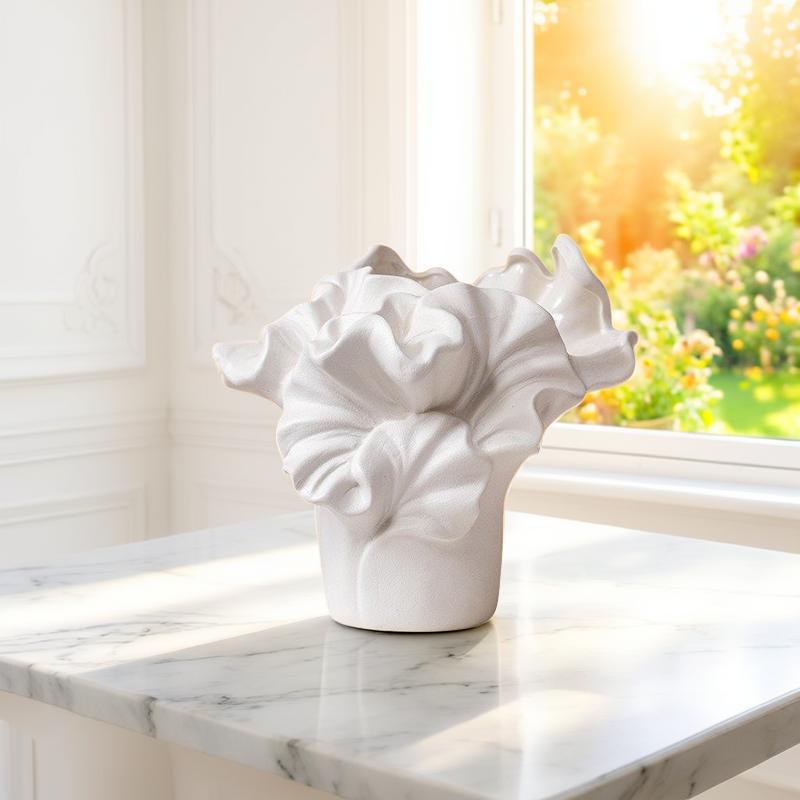 ESTELLE - Handgjord Keramikvas med Vågmönster – Vit & Beige – 2 Storlekar