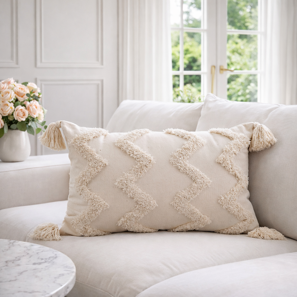 ETERNELLE - Bohemiska kuddfodral i bomull med tofsar – 30x50 & 45x45 cm