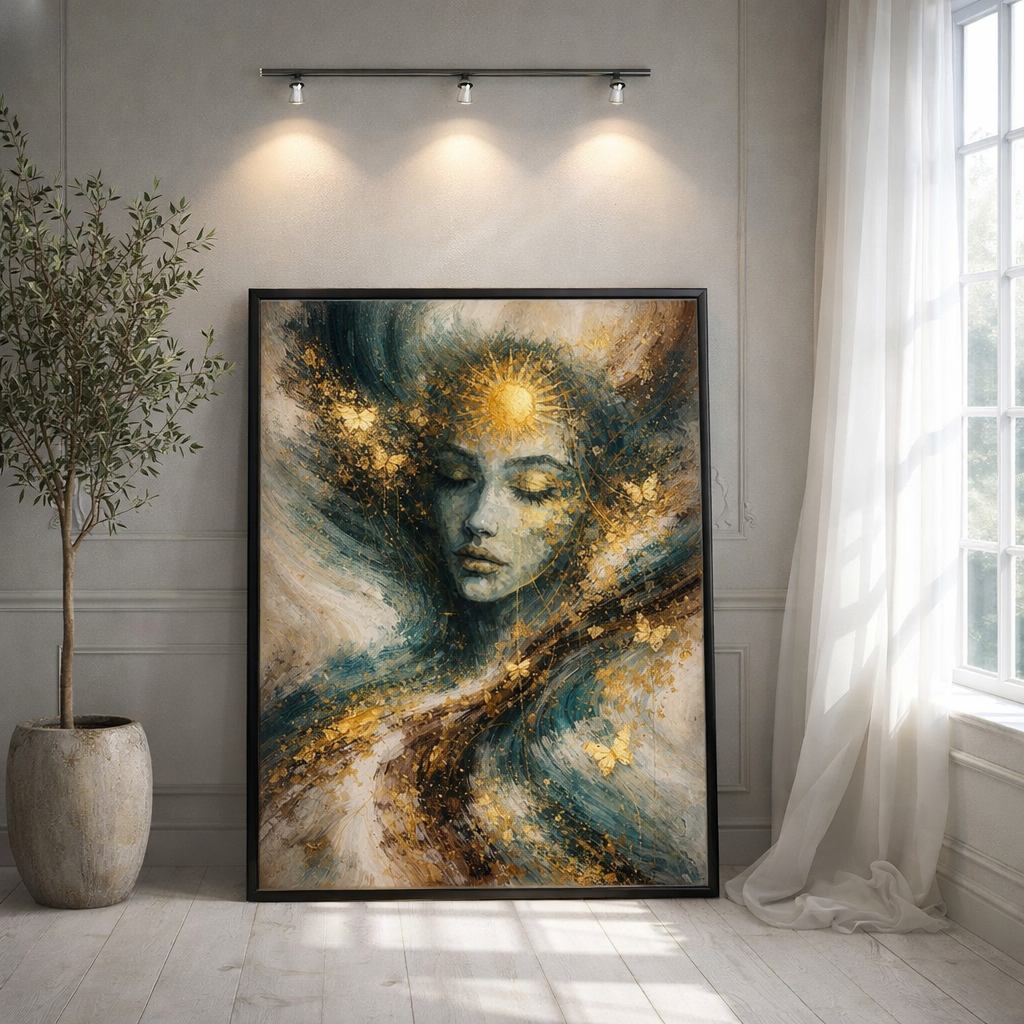 CELISTEA AURA OF GOLD - Abstrakt kvinnoansikte canvas – Premium tavla med gulddetaljer | Celistea Atelier