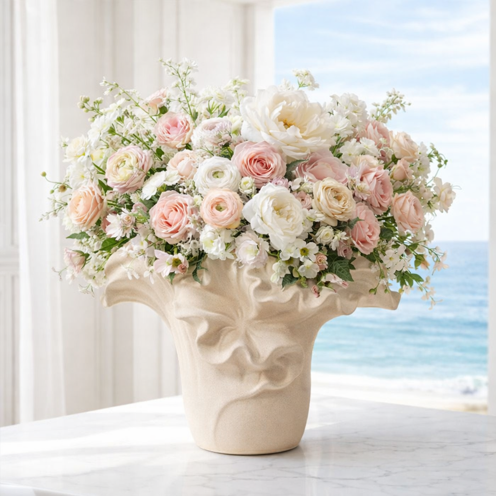 ESTELLE - Handgjord Keramikvas med Vågmönster – Vit & Beige – 2 Storlekar