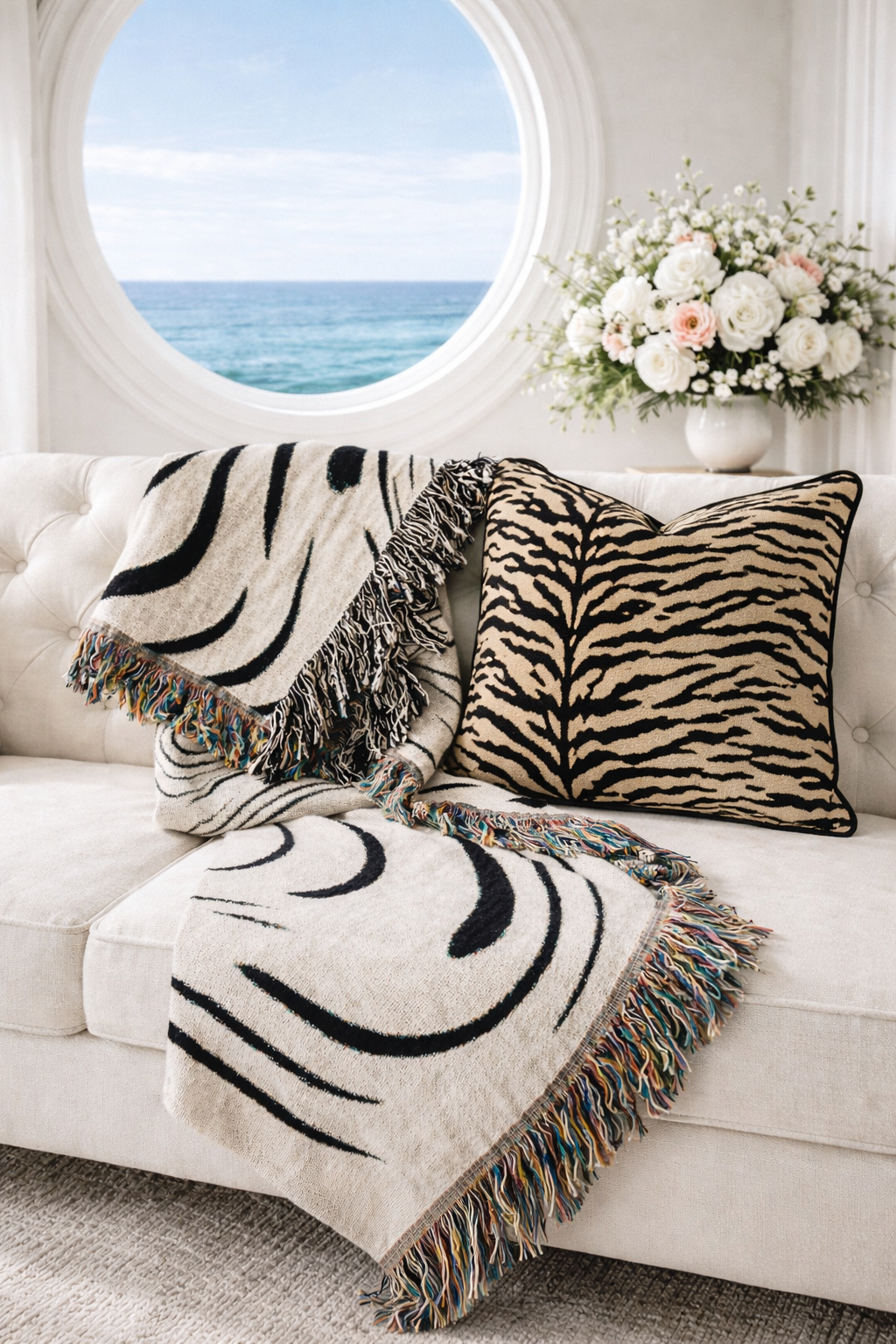 VENTO - Svartvit Pläd med Vågigt Mönster – Dekorativ Soffpläd & Filt för Hemmet