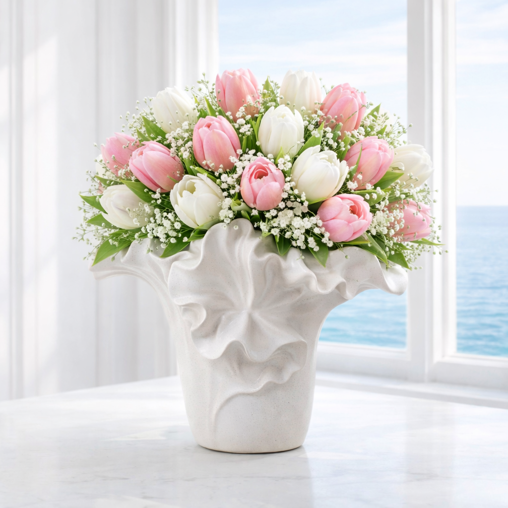 ESTELLE - Handgjord Keramikvas med Vågmönster – Vit & Beige – 2 Storlekar