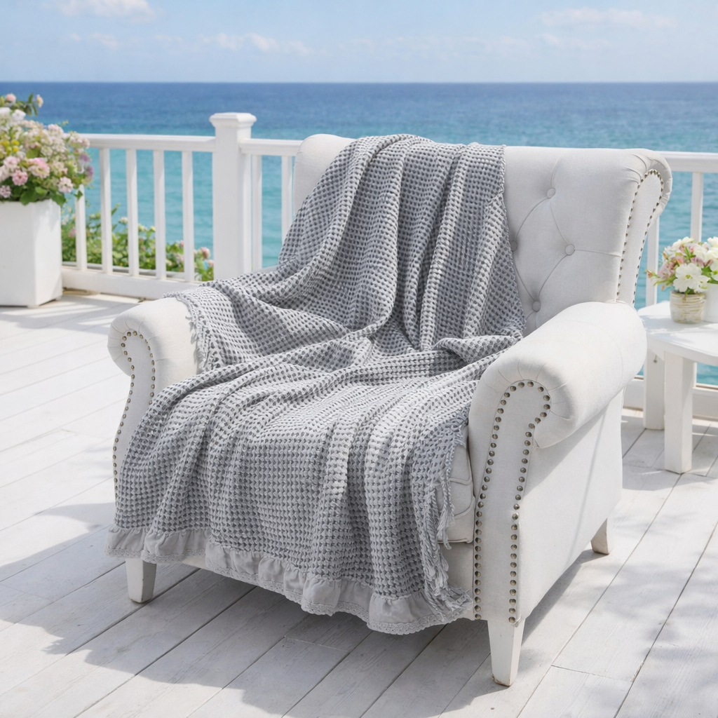 LUNA LIVING COLLECTION - Stickad bomullspläd med våffelstruktur och volang – mjuk dekorativ filt i 100% bomull