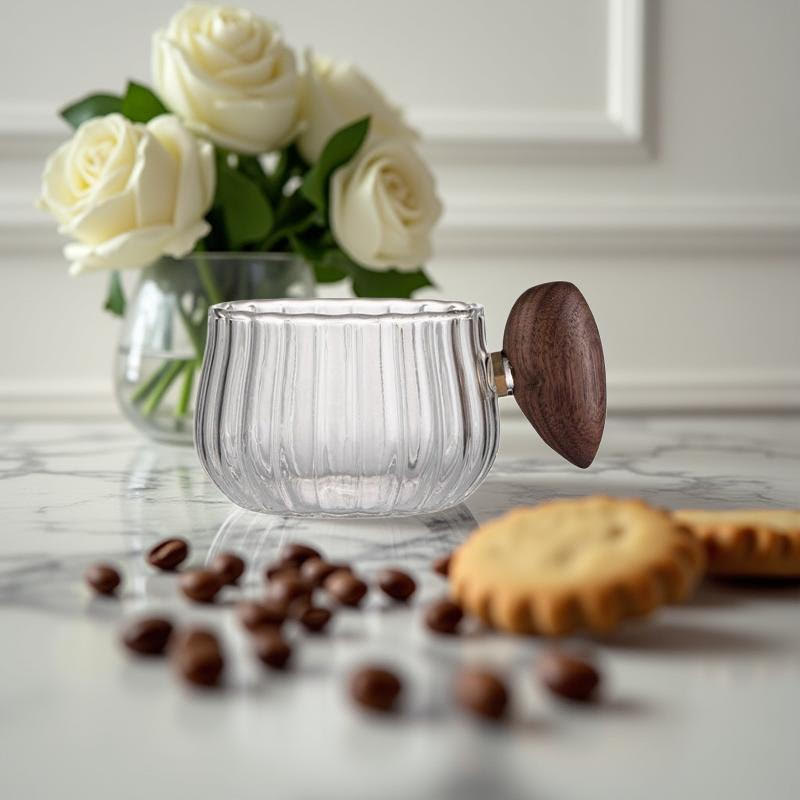 KASSI Glaskopp 210 ml – Ljusgrå & Transparent med Trähandtag